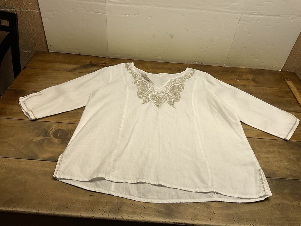 Symple NYC Size XL Women's Boho Floral Embroidered 100% Linen Tunic Top Blouse